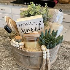 a basket filled with lots of items on top of a counter