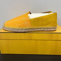 A Great Vibrant Colored Shoe That Stands Out Yellow Espadrilles With Woven Sole And Round Toe, Designer Slip-on Espadrilles For Summer, Yellow Espadrilles, Colorful Shoes, Fendi Shoes, Gold Yellow, Espadrilles, Men's Shoes, Fendi