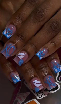 Blue Acrylic Nails Short Square, Blue Short Acrylic Nails, Simple Nails Design, Acrylic Nails Almond Shape, Long Acrylic Nail Designs, Hard Nails, Blue Acrylic Nails, Fancy Nails Designs