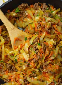 a skillet filled with ground beef and cabbage