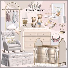 a baby's nursery with furniture and decor