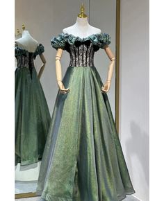 Get 10% off now! Buy off the shoulder ruffle corset green prom dress with black lace at cheap price online. Free stable shipping and pro custom service since 2009. Green Prom Dress Corset, Long Green Prom Dress, Luxury Prom Dress, Prom Dress Corset, Green Prom Dress Long, Ruffle Corset, Green Wedding Dresses, Velvet Prom Dress, High Low Prom Dresses