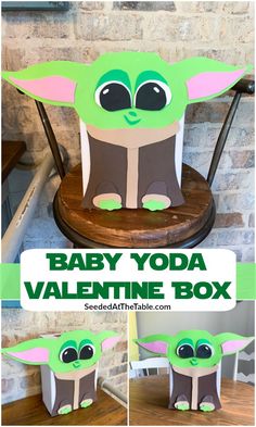 the baby yoda valentine box is made out of cardboard and sits on a chair