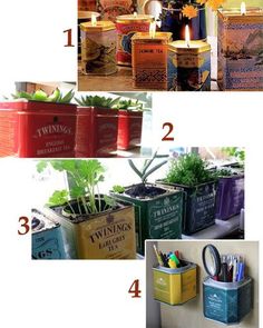 four different types of tin canisters with candles in them and flowers growing out of them