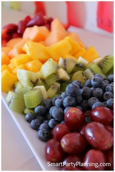 there are many different types of fruit on the plate together, including grapes, kiwis, and cherries