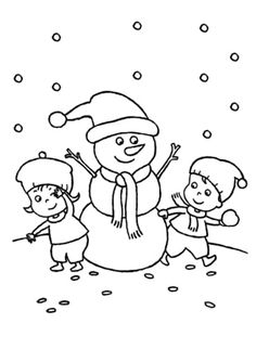 a snowman and two children are playing in the snow with one another coloring page