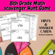 the 8th grade math scavenger hunt game is shown with three pieces of paper