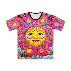 Elevate your festival wardrobe with our Happy Trippy Psychedelic Sun God Shirt. This colorful all-over print t-shirt showcases a vibrant sun god design, perfect for standing out in any crowd. 🌞✨ Made from 100% polyester for a lightweight and comfortable feel. Medium fabric weight (5.6 oz/yd² or 190 g/m²) ensures durability and breathability. Seam thread color automatically matched to the design for a seamless look. Extra large sizes available to accommodate all body types. Loose fit for relaxed Sun God, Festival Wear, Fashion Tees, Fabric Weights, Print T Shirt, Extra Large, Summer Fashion, Floral Prints, Adult Outfits