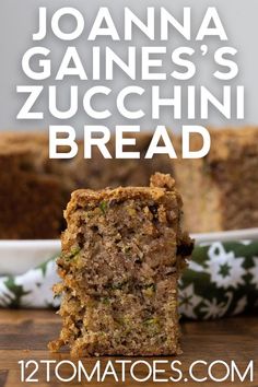 two pieces of zucchini bread stacked on top of each other with text overlay