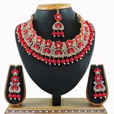 Gold Rodium Polish Red and Maroon color Necklace in Metal Alloy studded with CZ Diamond Red Kundan Necklace For Party, Red Jeweled Kundan Necklace Gift, Maroon Necklace, Color Necklace, Metal Necklace, Diamond Gold, Maroon Color, Cz Diamond, Metal Necklaces