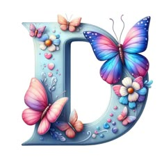 the letter d is decorated with butterflies and flowers in pastel blue colors on a white background