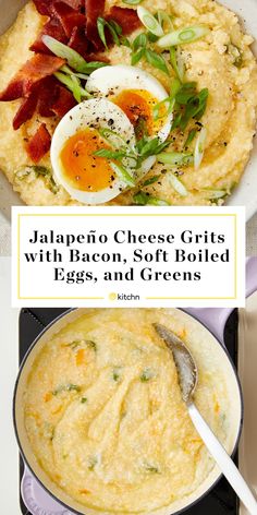 an image of eggs and cheese grits with bacon, soft boiled eggs, and greens