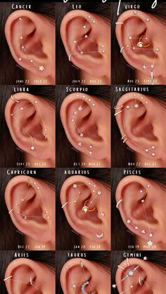 Gemini Ear Piercing, Zodiac Piercings, Ušný Piercing, Constellation Piercings, Different Ear Piercings, Ear Piercings Chart, Piercing Chart, Types Of Ear Piercings