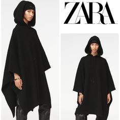 From Steven Meisel X Zara Collection, An Oversized Poncho Made Of 100% Wool Yarn. V-Neckline With Hood And Long Cape Style Sleeves. Adjustable Hood With Tonal Drawstring. Cape Style Sleeves. Textured Fabric Detail. Side Vents. The Quality Of Material Is Great, Overall Is Heavy Weighed. Seems More Like One Size Fits All. Size M Brand New. Black Cape Poncho For Work, Black Workwear Poncho Cape, Oversized Winter Workwear Poncho, Winter Workwear Oversized Poncho, Oversized Winter Poncho For Work, Black Batwing Sleeve Poncho For Spring, Chic Long Sleeve Poncho, Black Oversized Chic Poncho, Oversized Black Chic Poncho