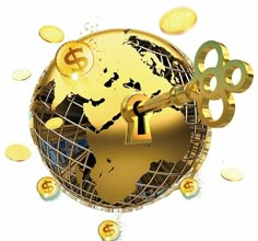 an image of a golden key on top of a globe with gold coins around it