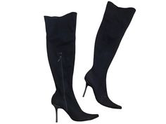 "Vintage Y2K black suede leather boots by Bebe. Over the knee fit with a zipper closure. Tag : Bebe Size on tag : 7 1/2 Condition : Very good vintage, heels and leather sole have been replaced Material : Leather upper and sole Measurements Toe to heel 10.5\" Width at toe 3\" Heel 4\" Width on widest part of calf 7.5\"" Y2k Club, Witch Shoes, Witch Boots, Pointy Toe Boots, Vintage Heels, Moccasin Boots, Suede Leather Boots, Toe Boots, Y2k Black