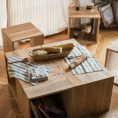 a wooden table with some food on top of it