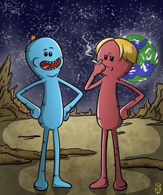 two cartoon characters are standing in the desert