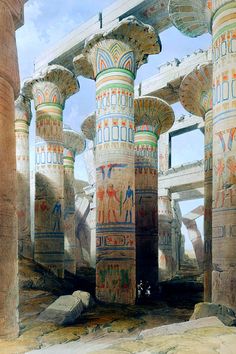 an artistic painting of columns and paintings in the desert with people walking around them on either side