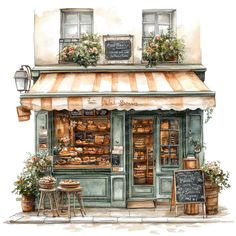 a watercolor painting of a bakery with flowers on the window sill and an awning