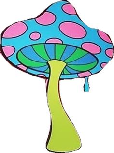 a blue and pink mushroom with polka dots on it's head is dripping water