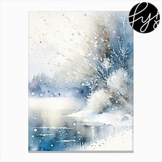 a watercolor painting with trees and snow in the background