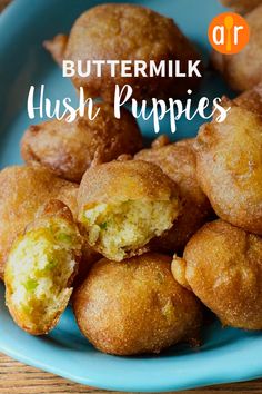 buttermilk hush puppies on a blue plate