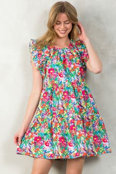 This Floral babydoll dress is both fashionable and versatile. It can easily be accessorized with different shoes or a jacket to create a new look. Not to mention, it even has pockets! Details: Fit: true to size Material: 100% polyester Dress Style: Babydoll Care: Wash on delicate cycle and hang to dry Cute Flowy Spring Dresses, Cute Mini Dress For Spring Dress Down, Playful Floral Print Vacation Dresses, Cute Flowy Mini Dress For Spring, Playful Floral Print Dress For Vacation, Trendy Cotton Dress With Ruffle Hem, Playful Ruffled Dresses For Vacation, Casual Cotton Mini Dress For Garden Party, Playful Dresses With Ruffle Hem For Spring