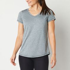 Deemed a Gotta-Have-It item for value you can count on every day! Xersion's women's v-neck t-shirt is cut from our quick-dry Everair stretch fabric that's moisture-wicking and breathable. It's also antimicrobial and odor resistant so that you can increase your workout intensity without worry- use it as a base layer or wear it alone in warmer temperatures.Features: Odor Resistant, Breathable, Moisture Wicking, Quick Dry, Stretch Fabric, Piped, EssentialsClosure Type: Pullover HeadFit: Regular Fit Gray Short Sleeve Tops For Light Exercise, Athleisure Stretch T-shirt In Athletic Heather, Athletic Heather Stretch T-shirt With Moisture-wicking, Athletic Heather Short Sleeve Athleisure Top, Athletic Heather Short Sleeve Tops For Athleisure, Athletic Heather Stretch T-shirt For Workout, Relaxed Fit V-neck Athleisure Activewear, Sporty Stretch Heather Grey Top, Sporty Heather Grey Stretch Top