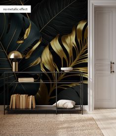 a black and gold wallpaper with palm leaves on it, next to a white door