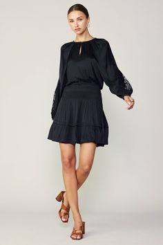 Puffed sleeves with peekaboo lace amplify the feminine charm of this swishy mini dress. It's got a loose, blousy fit up top, plus a smocked waist that defines the shape before falling to a tiered skirt. •Split neckline •Front keyhole with button closure •Long sleeves with lace piecing •Elasticized waist •Tiered skirt DIMENSIONS •Standard: 37" Length Item number 2390197 100% Polyester Hand wash cold Chic Black Dresses With Blouson Sleeves, Chic Black Dress With Blouson Sleeves, Chic Mini Dress With Smocked Bodice And Balloon Sleeves, Chic Mini Dress With Smocked Cuffs For Brunch, Balloon Sleeve Mini Dress With Smocked Back, Chic Puff Sleeve Mini Dress With Lace Trim, Black Dress With Puff Blouson Sleeves, Chic Billowy Smocked Dress, Chic Mini Dress With Smocked Back And Balloon Sleeves