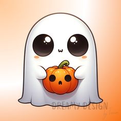 a cartoon ghost with a pumpkin in its hand and eyes on it's face