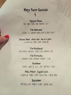 a harry potter cocktail menu is shown in this image