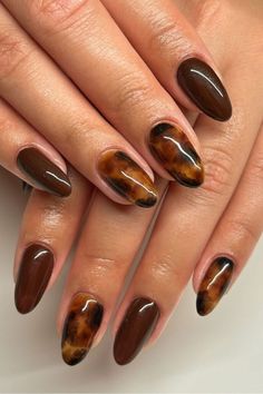 One tortoise manicure for those who prefer not to play with colors or forms. These chic tortoise nails only require brown lipstick to complete your look.//photocredit: @nailsxneena Thanksgiving Nails Tortoise, Burgundy Tortoise Shell Nails, Brown And Tortoise Nails, Fall Nails Tortoise Shell, Fall Nails Tortoise, Oval Tortoise Nails, Short Tortoise Nails, Light Tortoise Shell Nails, Brown Tortoise Nails