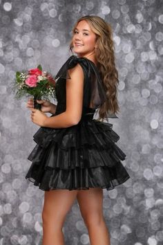 Plunge Neck Black Ruffle A-line Short Dress Flirty Ruffle Dress For Prom, Sweet 16 Ruffled Dresses, Elegant Ruffled Dresses For Sweet 16, Tiered Ruffle Dress For Homecoming, Flirty Tiered Ruffle Dress For Party, Flirty Tiered Skirt Ruffle Dress For Parties, Tiered Ruffle Mini Dress For Homecoming, Tiered Ruffle Mini Dress For Prom Season, Homecoming Tulle Mini Dress With Ruffles