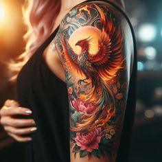 a woman's arm with a colorful tattoo on it and an eagle in the middle