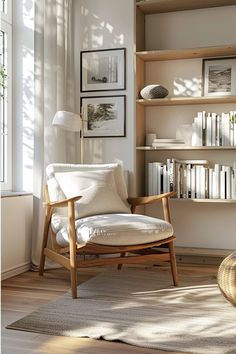 a chair and some books in a room