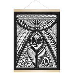 a black and white art print with an abstract design on the front, hanging from a wall