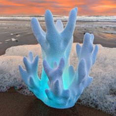 an ice sculpture on the beach at sunset with waves coming in from the water and corals growing out of the sand