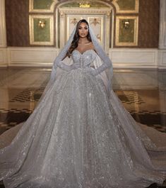 a woman in a wedding gown with long sleeves and a veil on her head standing in a hall