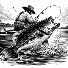 a man in a boat with a large fish on it's back and fishing rod