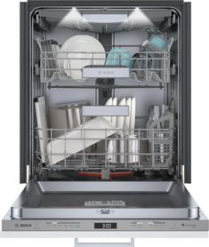 an open dishwasher with dishes in it