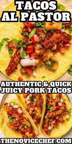 three tacos with different types of meat on them