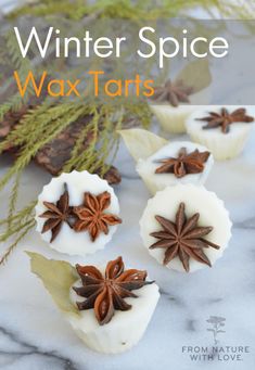 white chocolate with cinnamon star anise on top and the words winter spice wax tarts