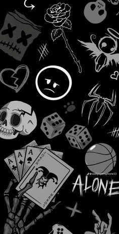 a black and white photo with skulls, dices, and other items on it