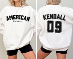 two pictures of a woman wearing a sweatshirt with the words, american football 99 on it