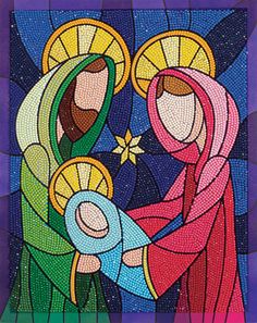 stained glass artwork depicting the birth of jesus and mary, in purple tones with blue background