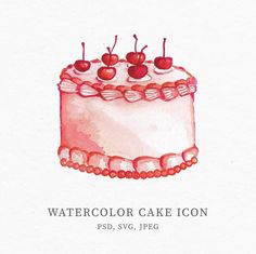 a watercolor cake icon with cherries on top and the words, watercolor cake icon psd, svg