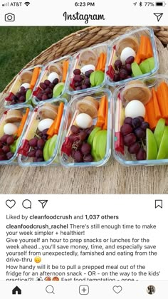 several plastic containers filled with assorted fruits and veggies on top of a wicker table