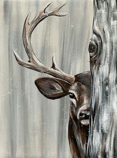 a painting of a deer with antlers on it's head next to a tree